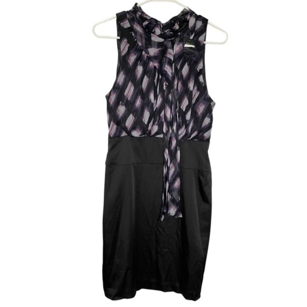 BCBGMAXAZRIA 10 Black Purple Abstract Sheath Dress Ruffle Neck Tie CFA6C535 Goth